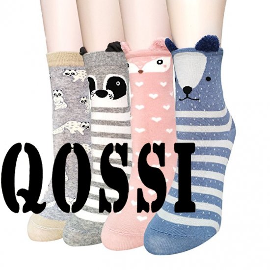 Qossi 4 Pair Womens Soft Cute Animal Pattern Casual Cartoon Crew Socks - Click Image to Close