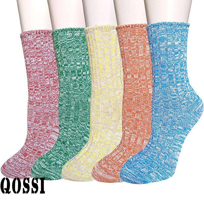 Qossi Pack of 5 Womens Multicolor Knitted Casual Crew Socks