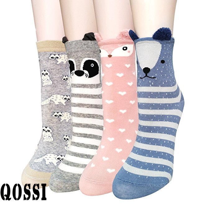 Qossi 4 Pair Womens Soft Cute Animal Pattern Casual Cartoon Crew Socks